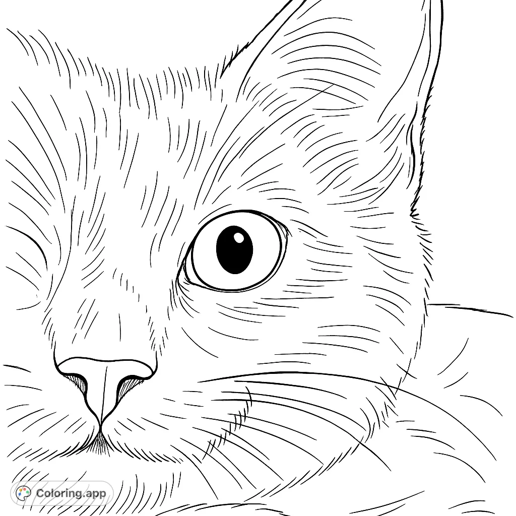 A detailed close-up of a curious cat's face, featuring one expressive eye, a delicate nose, and textured fur. Perfect for animal lovers!