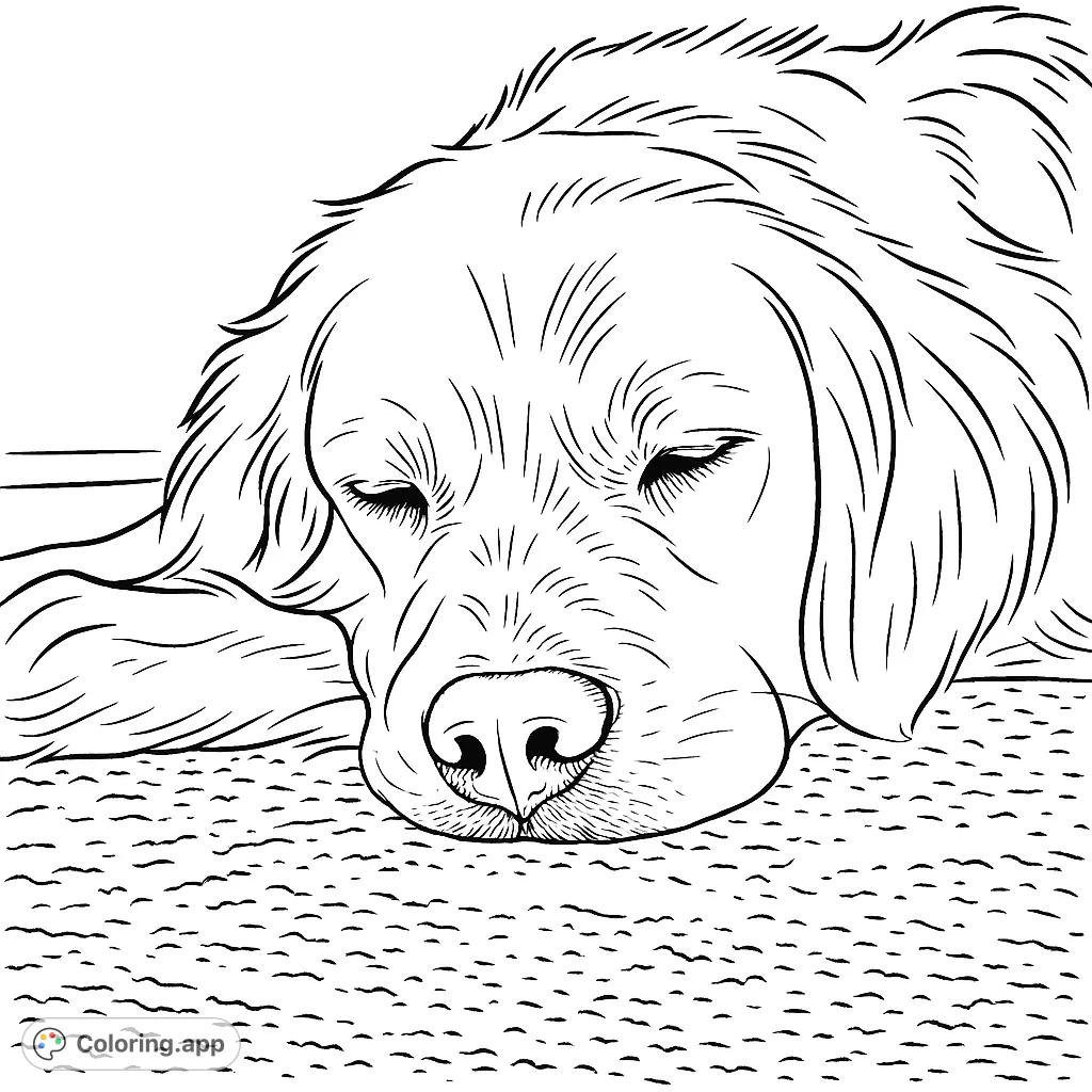 A serene Golden Retriever dog peacefully sleeping, head resting on paws, with detailed fur textures. A calming free printable dog coloring page.