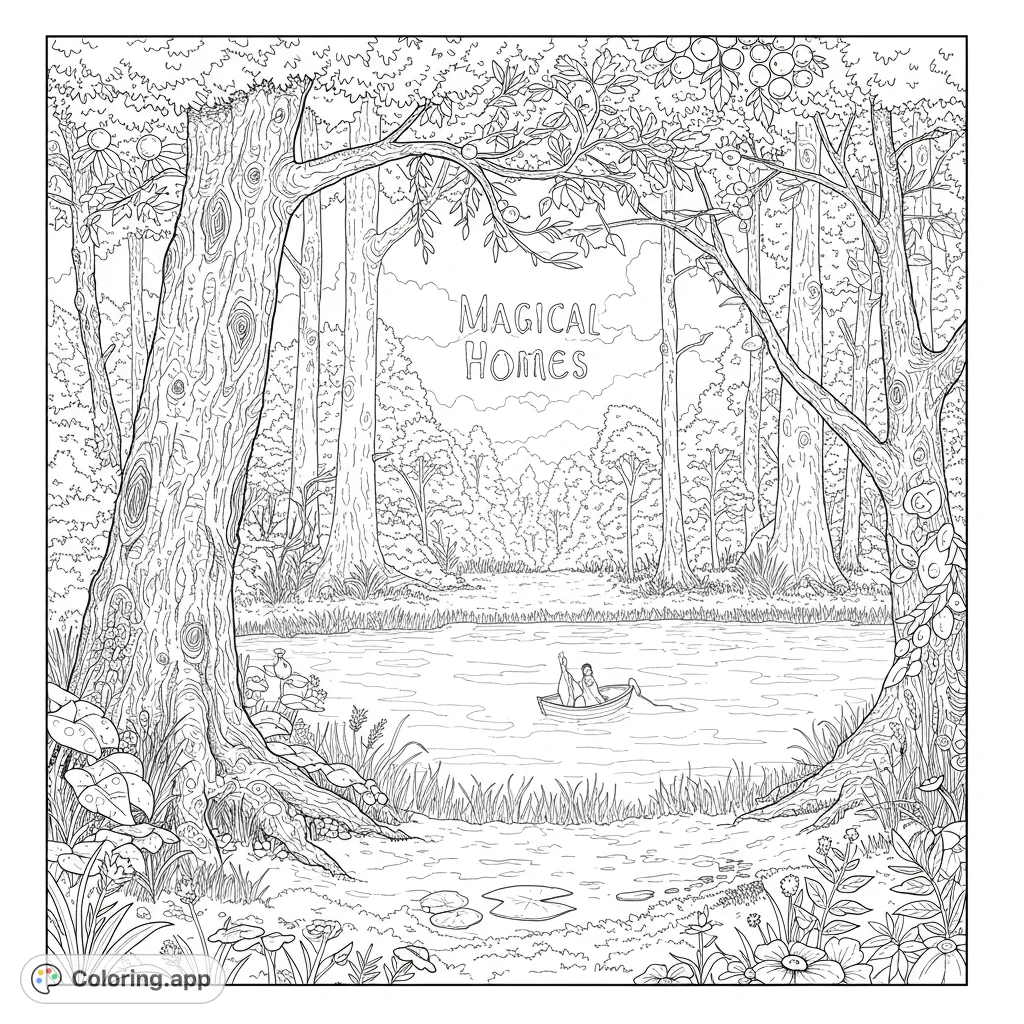 Explore an enchanted forest with ancient trees framing a serene pond, where a small boat glides. A magical nature scene for creative coloring.