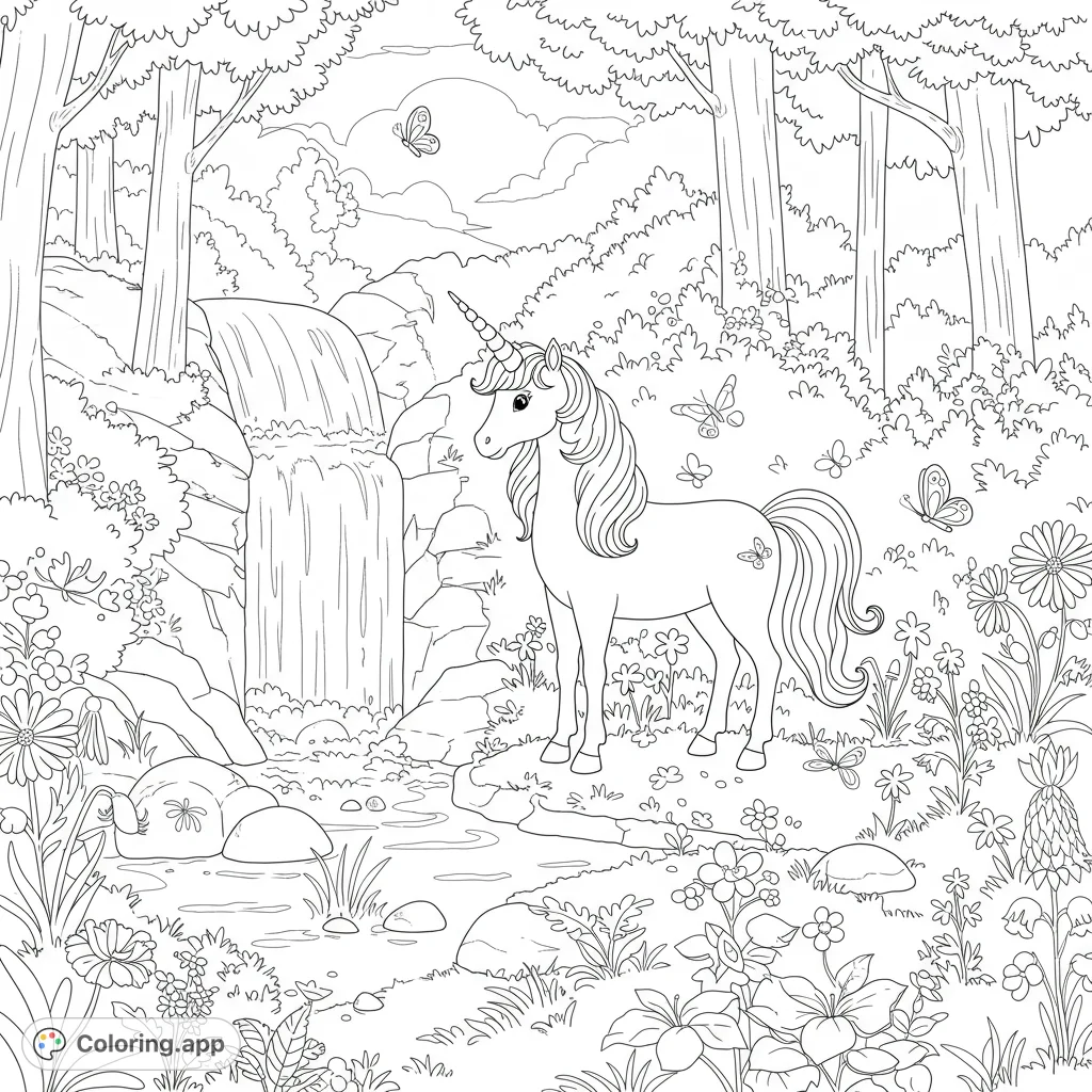A majestic unicorn stands by a flowing waterfall in an enchanted forest, surrounded by butterflies and blooming flowers. A magical scene for coloring.