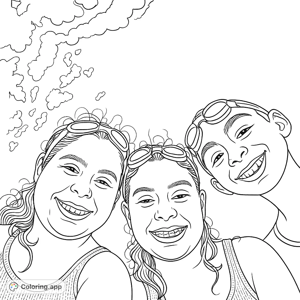 Three joyful kids with swimming goggles smile in a close-up, bubble-filled scene. A fun, free printable swimming coloring page for all ages!