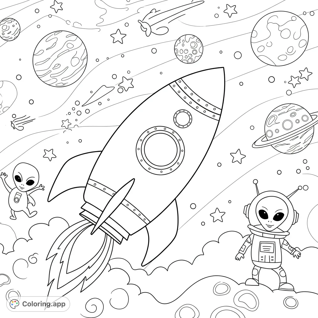Blast off into a cosmic adventure! This space coloring page features a launching rocket, friendly aliens, planets, and stars, perfect for imaginative fun.