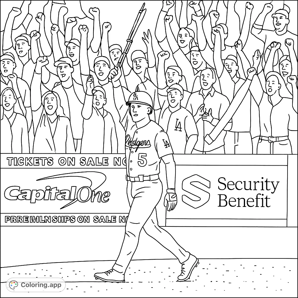 Dynamic baseball player walks past a cheering crowd and stadium banner. A free printable baseball coloring page for sports fans.
