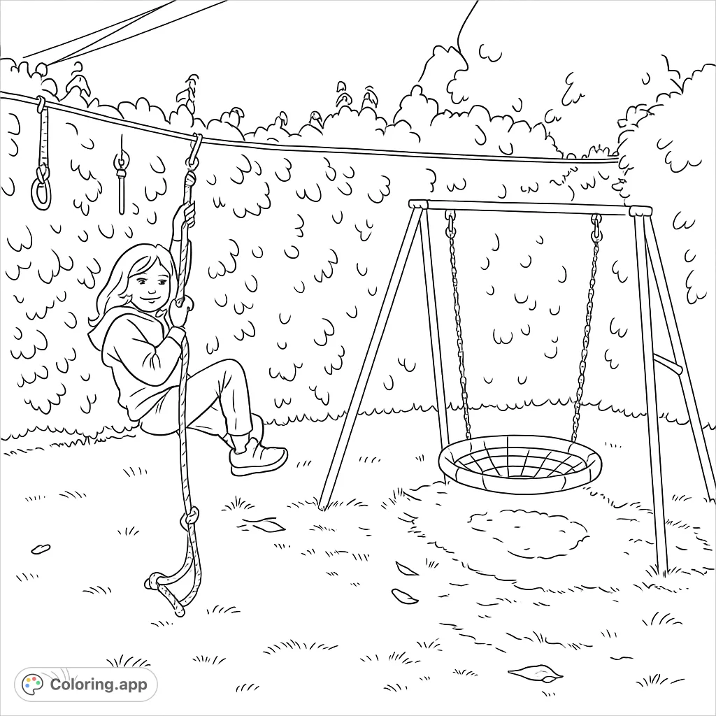 A joyful girl on a rope swing at a vibrant playground, with a swing set and lush bushes. Perfect for a fun, active coloring adventure!