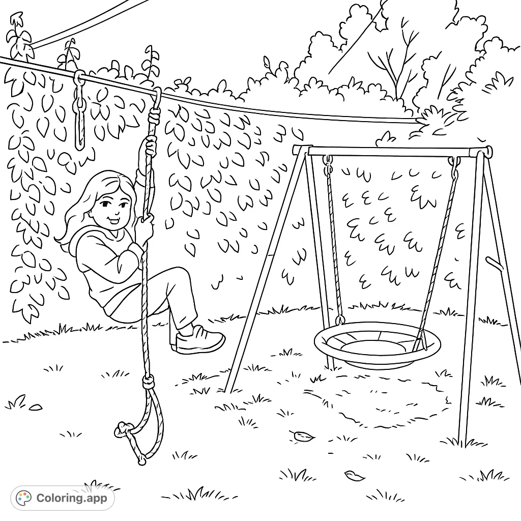 A cheerful girl on a rope swing in a lively playground scene, with a disc swing and lush foliage. A free printable playground coloring page.
