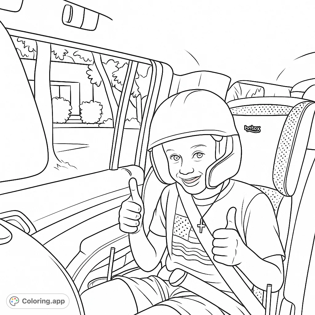 A cheerful child in a car seat, helmet on, giving thumbs up for a safe ride. Perfect for a fun, free printable car safety coloring page!