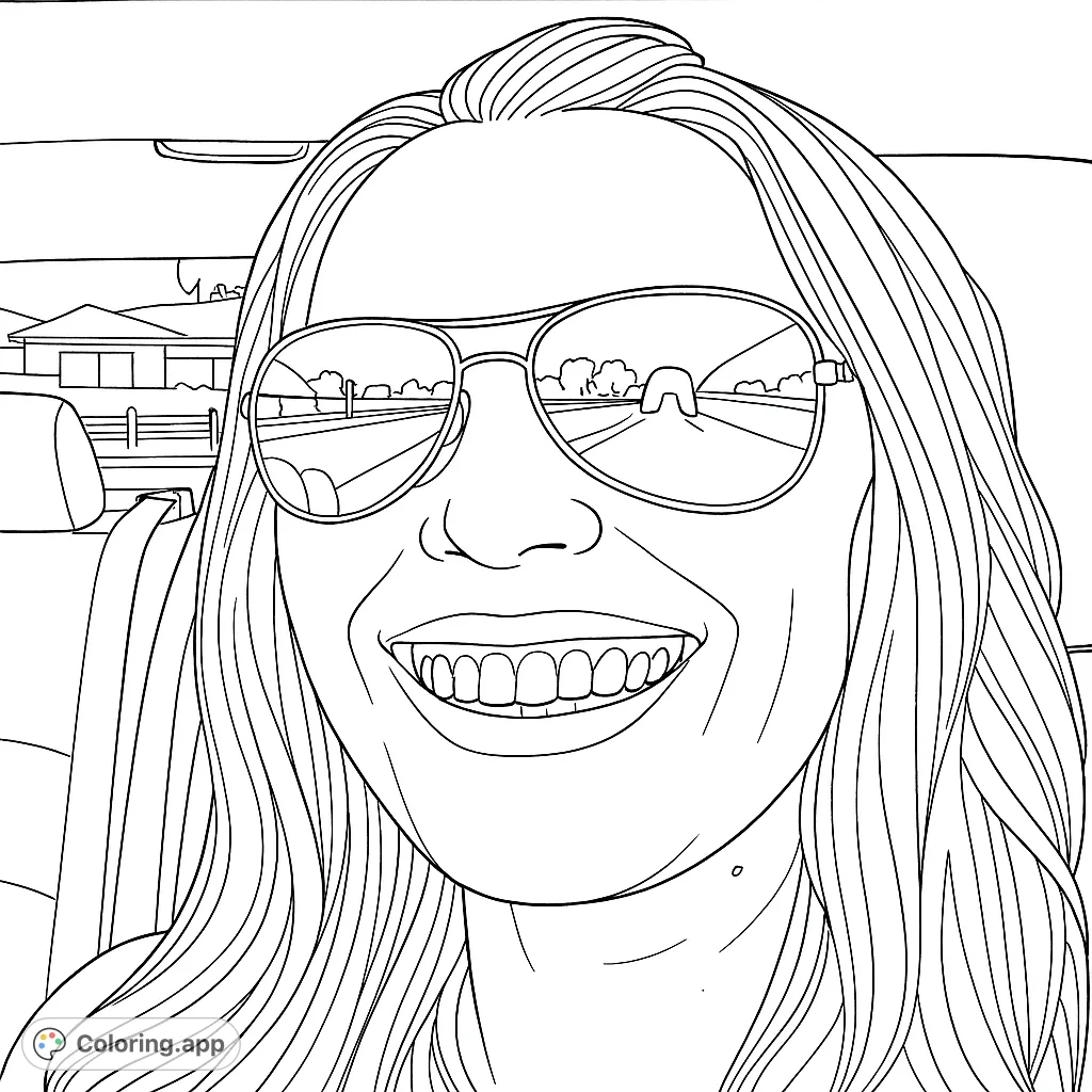 A joyful woman in aviator sunglasses, reflecting a scenic road trip. Perfect for a relaxing and creative coloring experience.