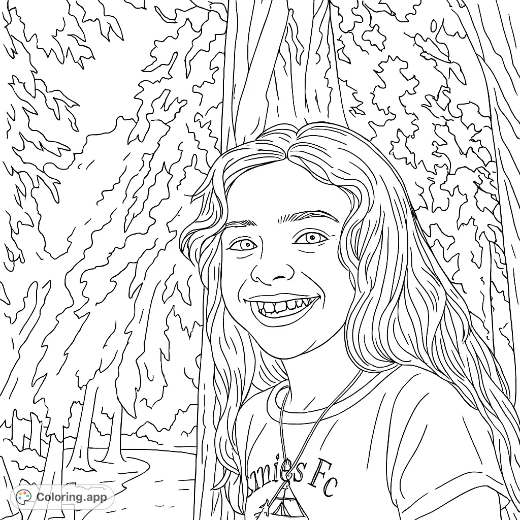 A joyful girl with long hair smiles in a forest setting. A free printable portrait coloring page for kids and adults.