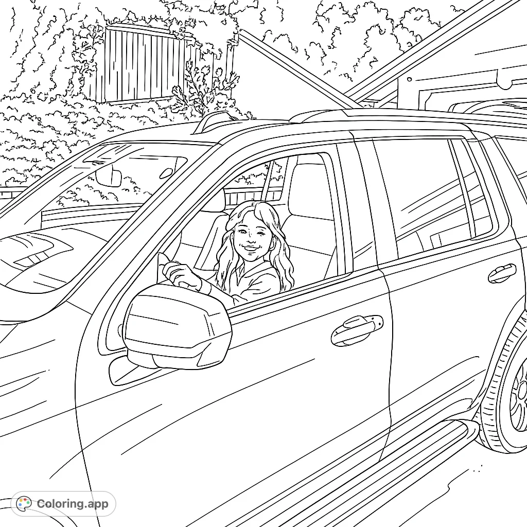 A cheerful girl in an SUV, ready for adventure. This free printable car coloring page is perfect for kids and vehicle enthusiasts.