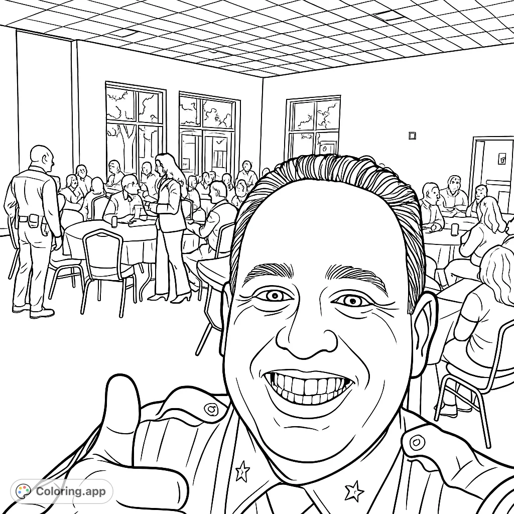 A cheerful man takes a selfie with a thumbs-up, capturing a lively room full of people at tables. A fun, free printable social gathering coloring page.