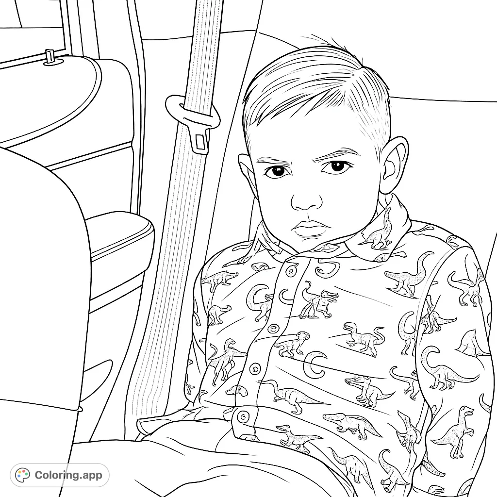 A young boy in a car, wearing a fun dinosaur-patterned shirt. A free printable coloring page for kids who love dinosaurs and car adventures.