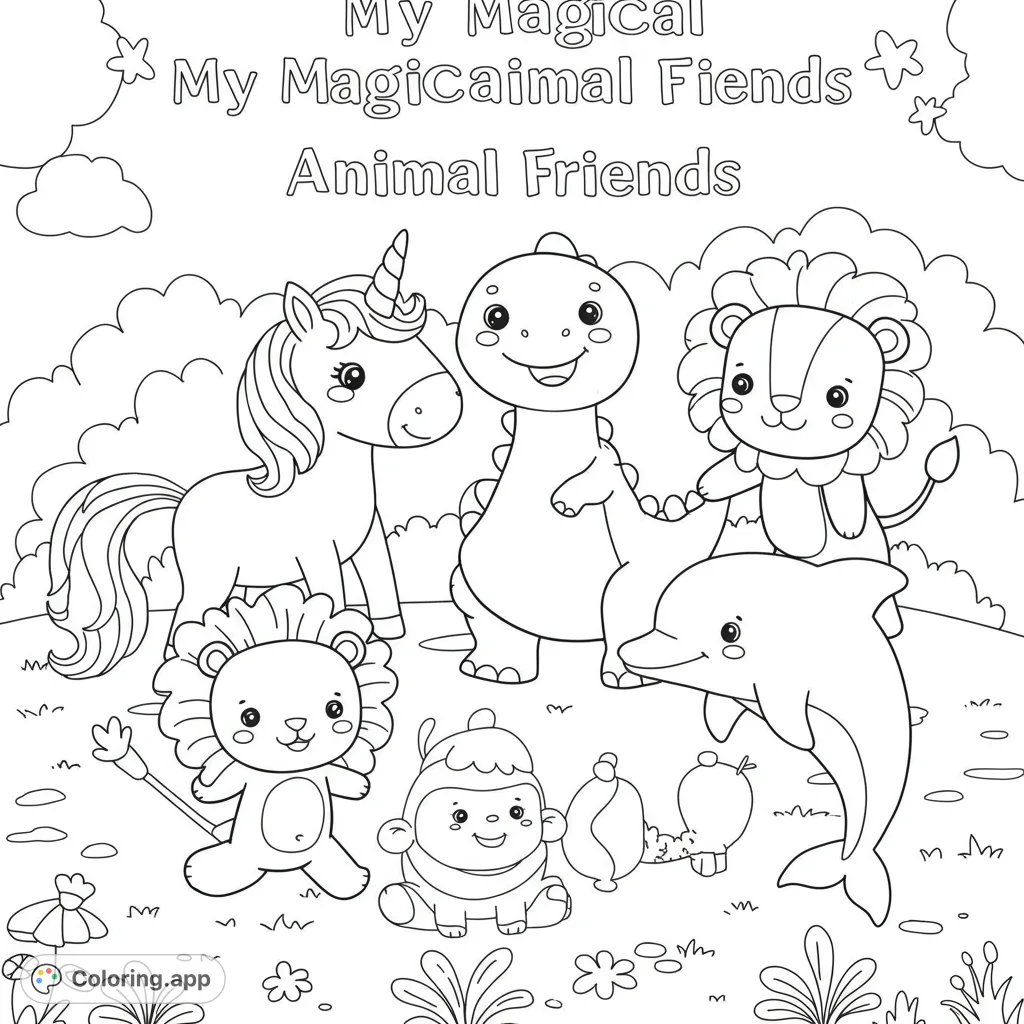 An adorable collection of cartoon animal friends including a unicorn, dinosaur, lions, dolphin, and monkey, ready for a colorful adventure.