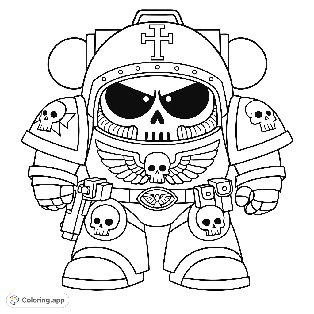 Detailed line art of a cartoonish space marine in full armor. A fun coloring activity for sci-fi and Warhammer 40k fans of all ages.