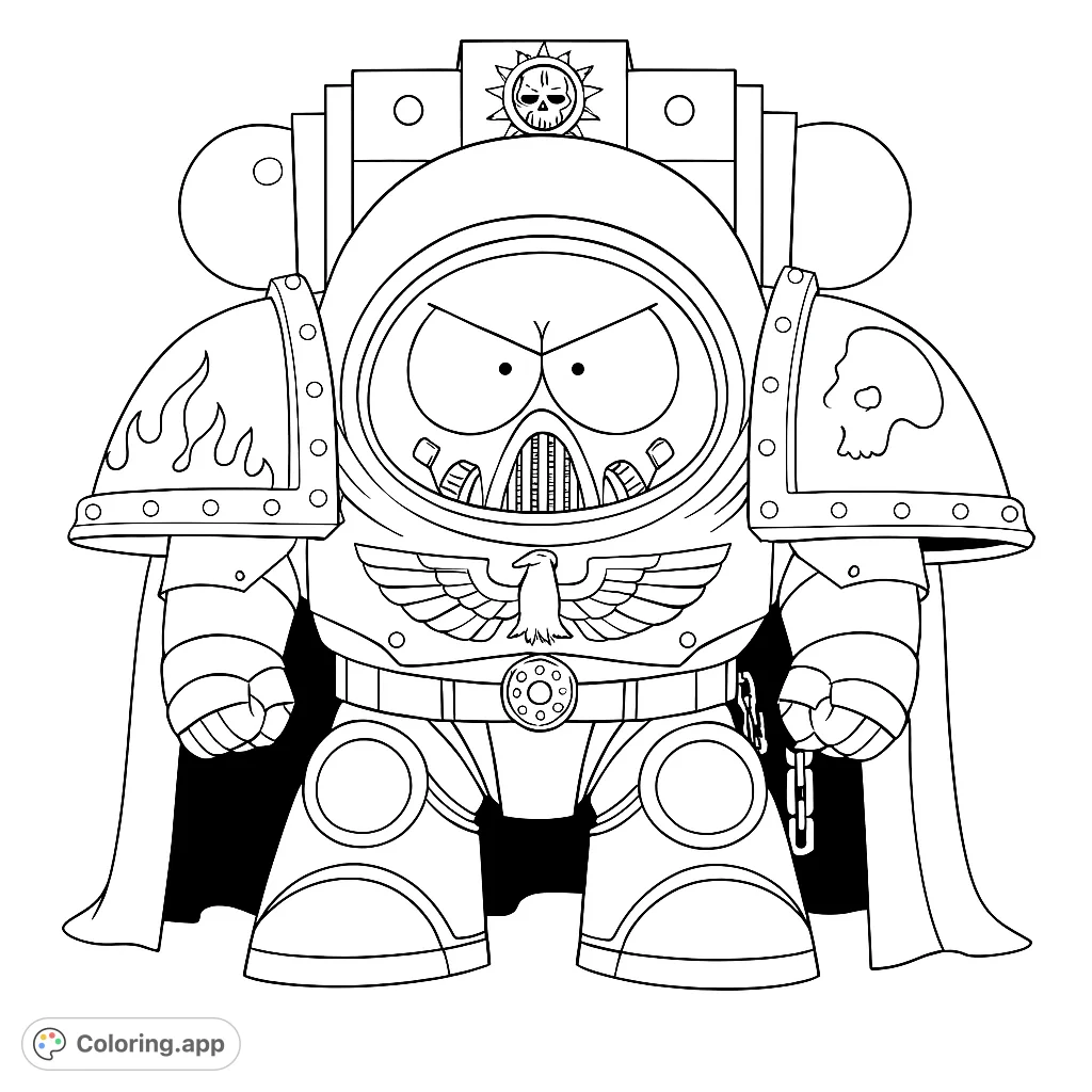 Color this formidable space warrior in power armor! Featuring a stern expression, detailed helmet, and iconic emblems, perfect for sci-fi fans.