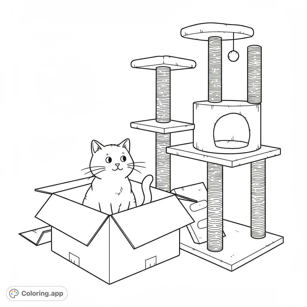 A delightful cat in a cardboard box next to a multi-level cat tree. A free printable cat coloring page for playful moments and pet lovers.