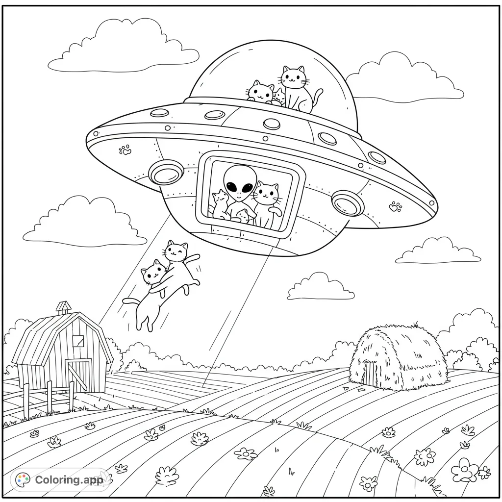 A whimsical alien and cats in a UFO abducting more cats over a charming farm. A fun, free printable alien cat coloring page for kids and adults!