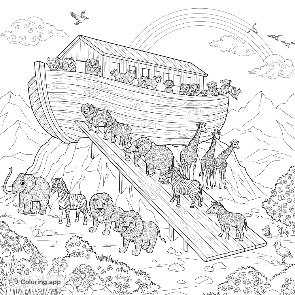 A detailed Noah's Ark coloring page featuring pairs of animals, some with intricate patterns, ascending a ramp under a rainbow.