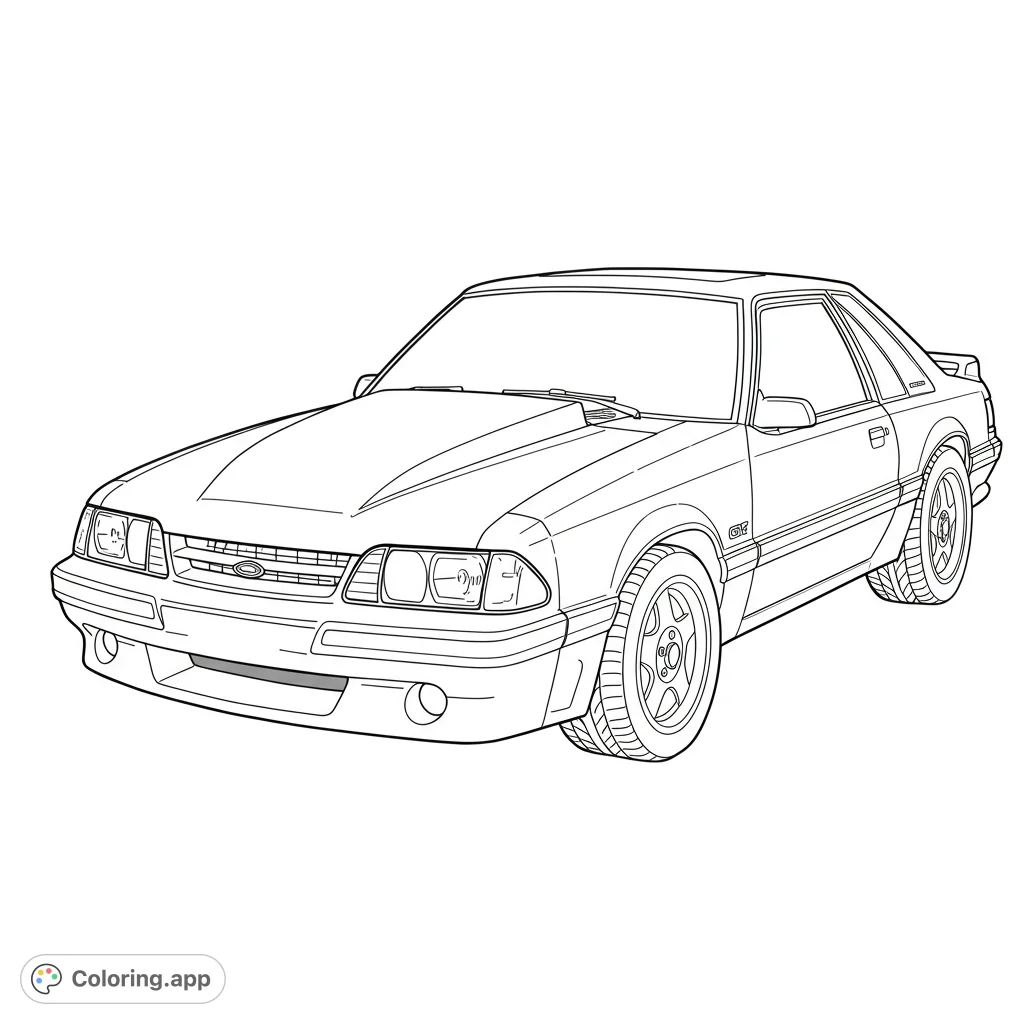 Color a classic 1980s Ford Mustang GT, featuring its iconic hood scoop, sleek lines, and detailed wheels. A free printable car coloring page for enthusiasts.