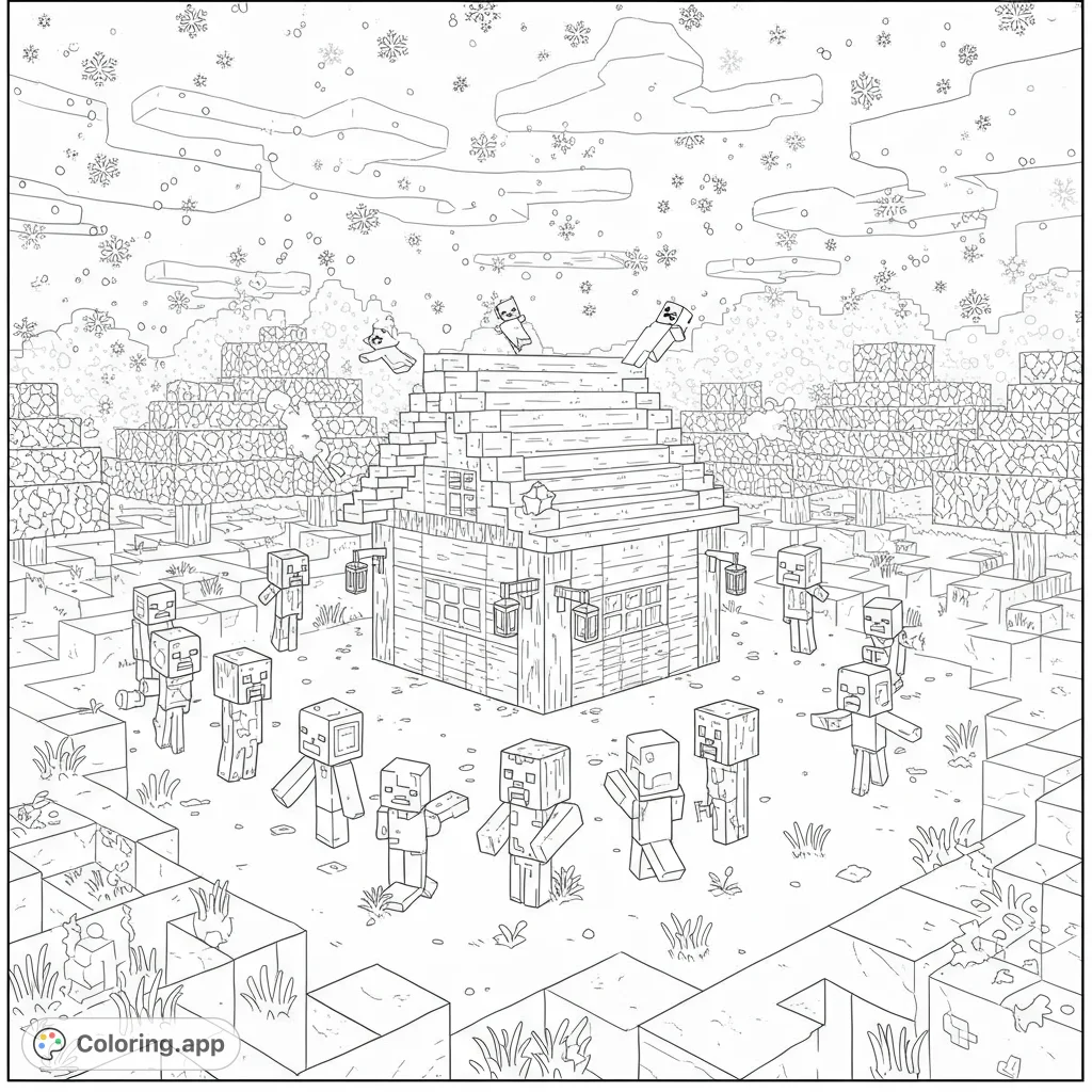 Explore a pixelated winter wonderland with a blocky house, quirky characters, and falling snow. A free printable Minecraft-style coloring page.