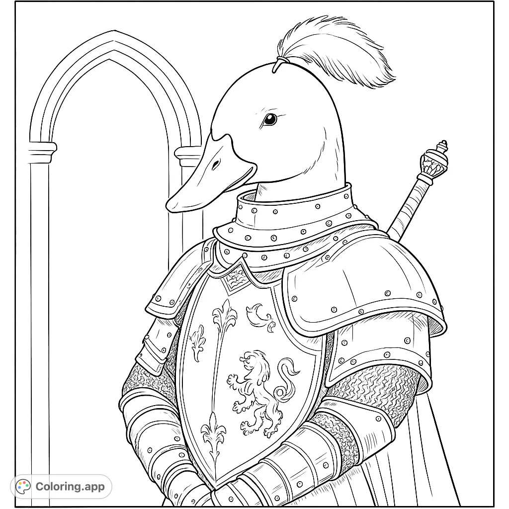 A noble duck knight in full medieval armor, featuring a detailed shield and a feathered plume. A free printable fantasy animal coloring page.