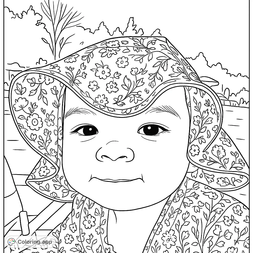 Adorable baby in a charming floral bonnet, perfect for a delightful coloring experience. Features intricate patterns and a sweet expression.
