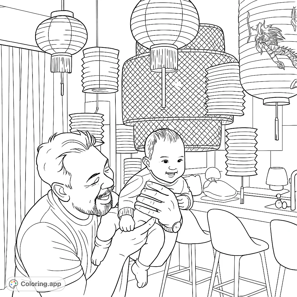 A heartwarming scene of a father holding his smiling baby amidst a festive display of decorative lanterns. Perfect for family-themed coloring.