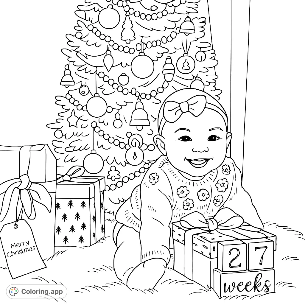 A joyful baby surrounded by a decorated Christmas tree and festive gifts, perfect for holiday coloring fun and spreading cheer.