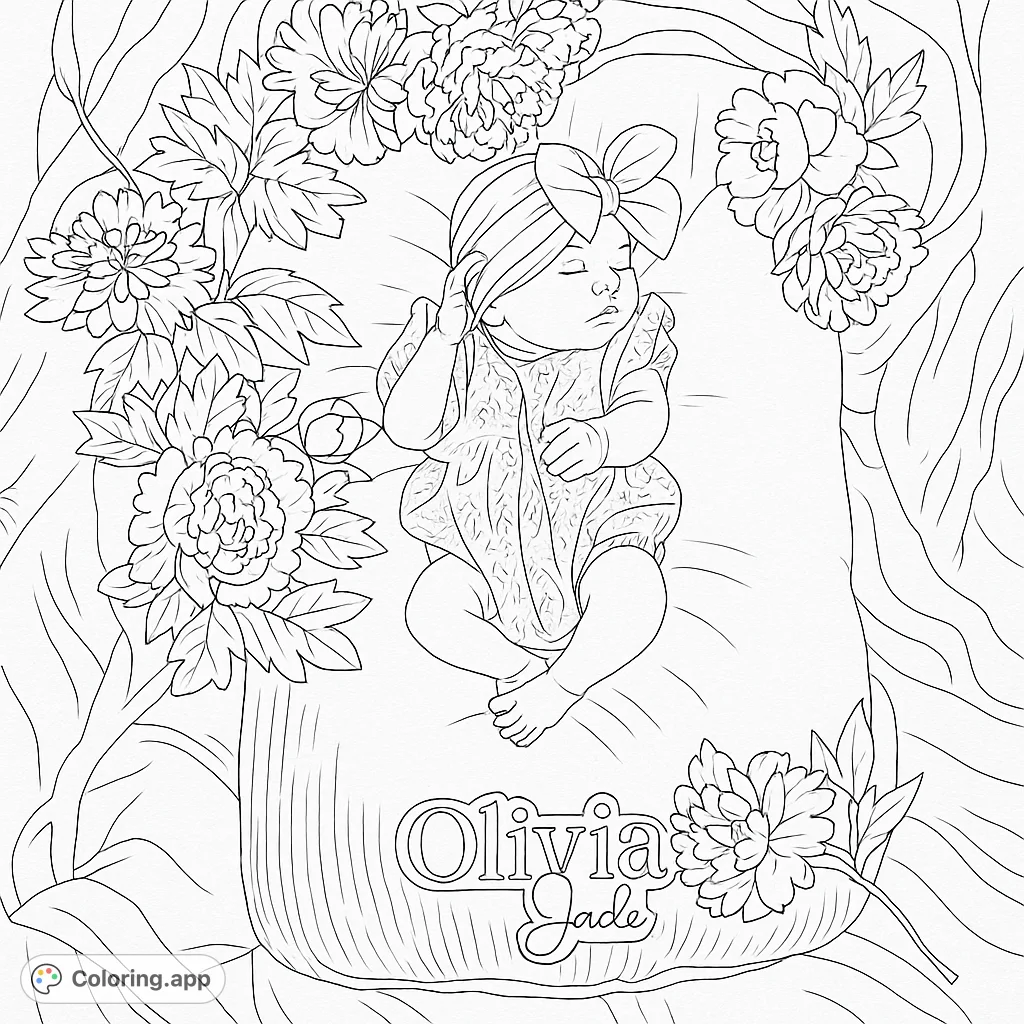 A serene newborn baby sleeps peacefully amidst a beautiful arrangement of detailed flowers. Perfect for a calming and heartwarming coloring experience.