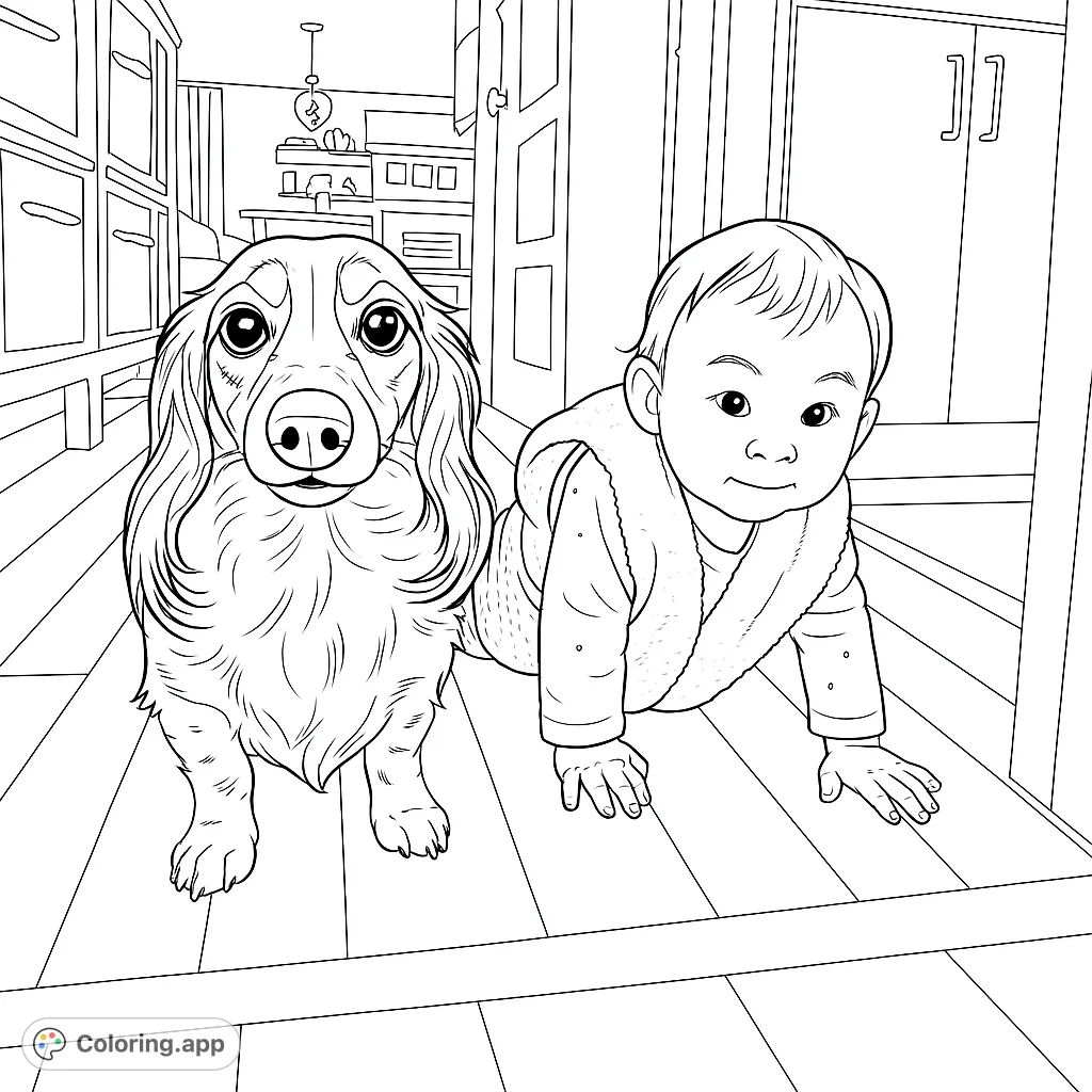 Adorable baby and fluffy dog exploring together on a wooden floor. A heartwarming free printable coloring page for kids and adults.