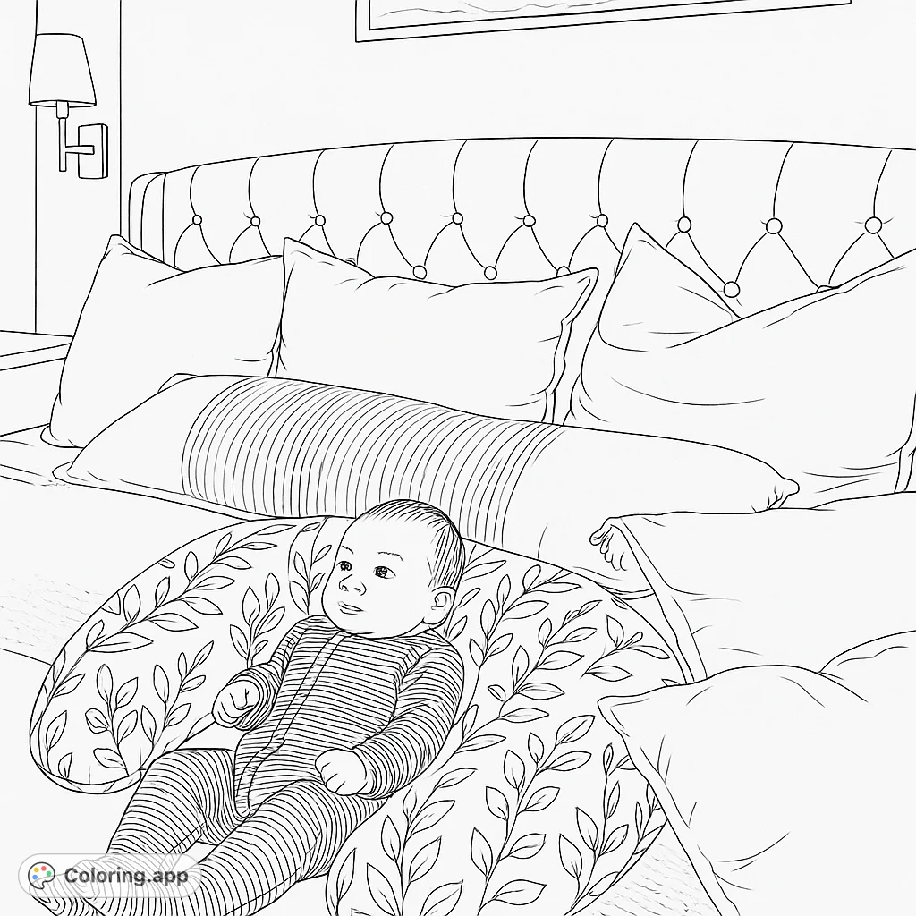Adorable baby resting on a leaf-patterned pillow in a cozy bed. A heartwarming scene perfect for a relaxing baby coloring page.