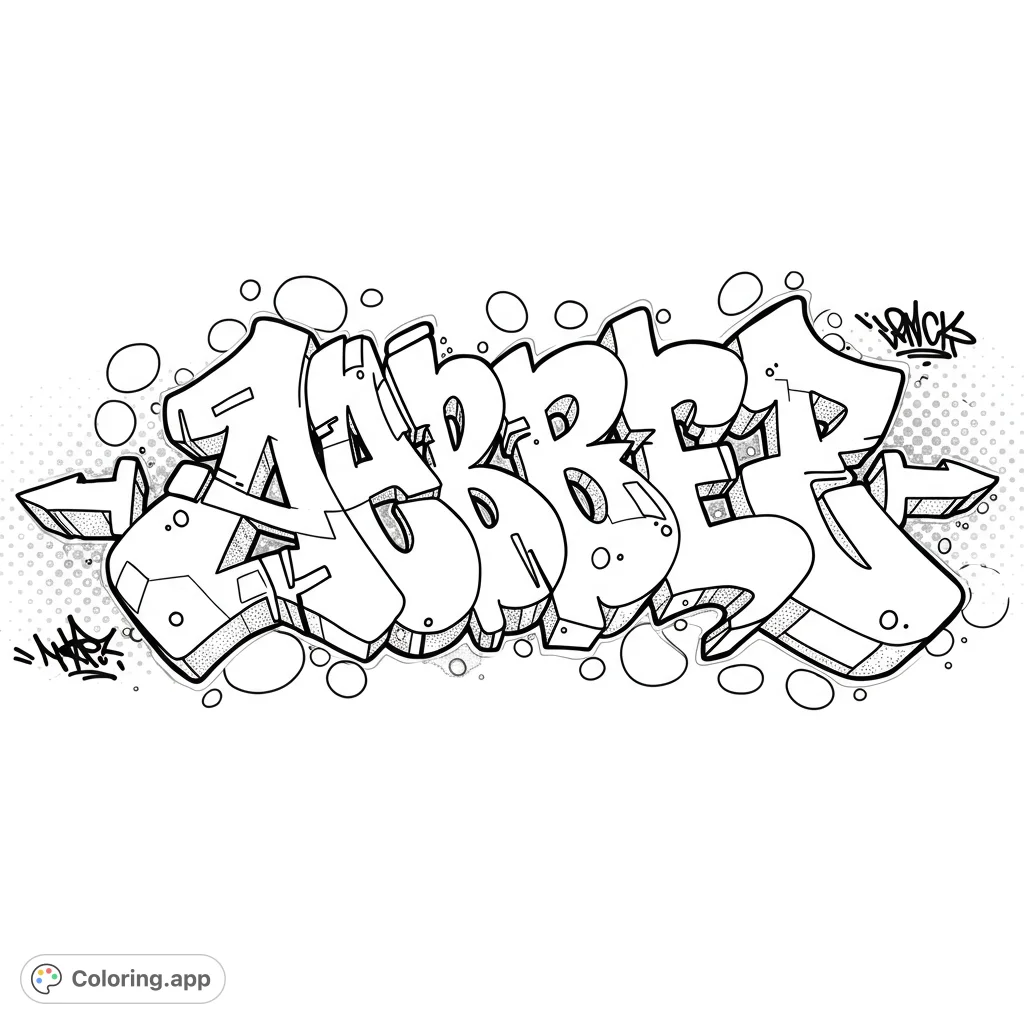 Bold graffiti-style bubble letters with a cool 3D effect and dynamic arrows, perfect for urban art enthusiasts. A free printable coloring page.