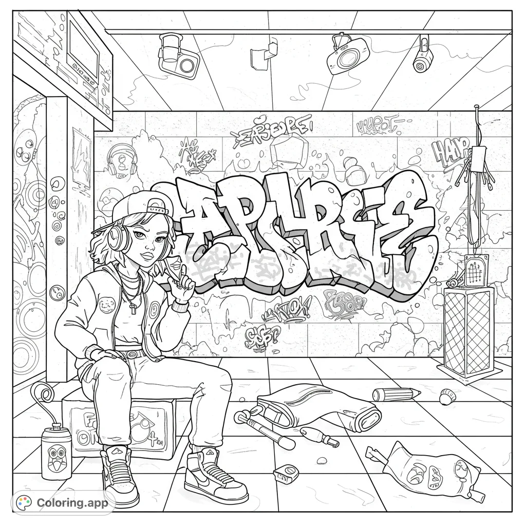 Dive into an urban street art coloring page featuring a cool artist amidst vibrant graffiti and scattered art supplies. Express your creativity!