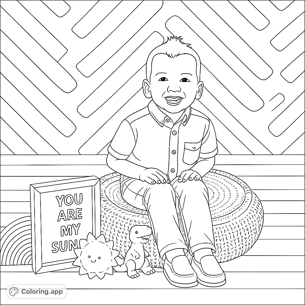A cheerful boy sits with his sun and dinosaur toys, set against a modern geometric background. A delightful free printable coloring page for kids and adults.