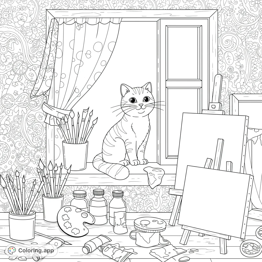 A delightful artist's studio scene featuring a happy cat on a window sill surrounded by paintbrushes, palettes, and blank canvases. A purr-fect creative escape!