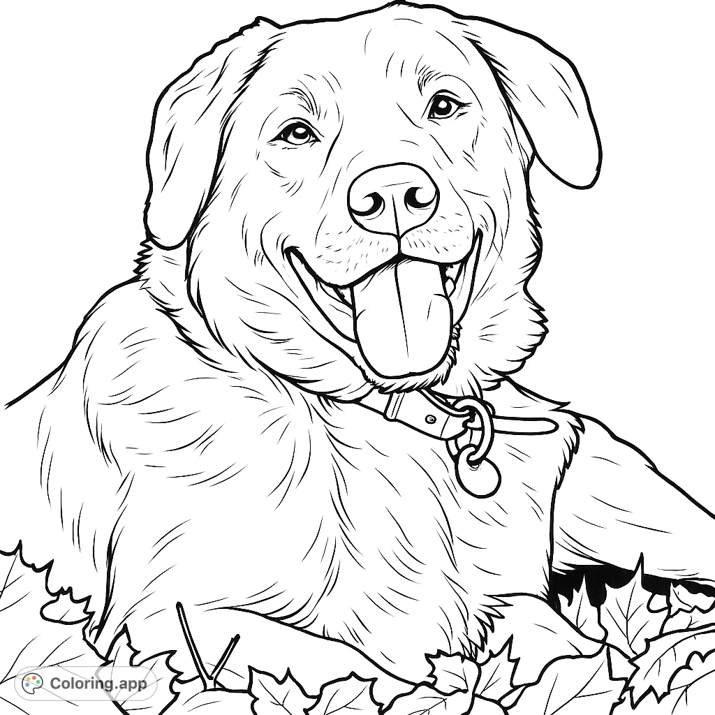 A joyful dog with a wide smile and tongue out, lying happily amidst a pile of autumn leaves. A free printable dog coloring page for all ages.