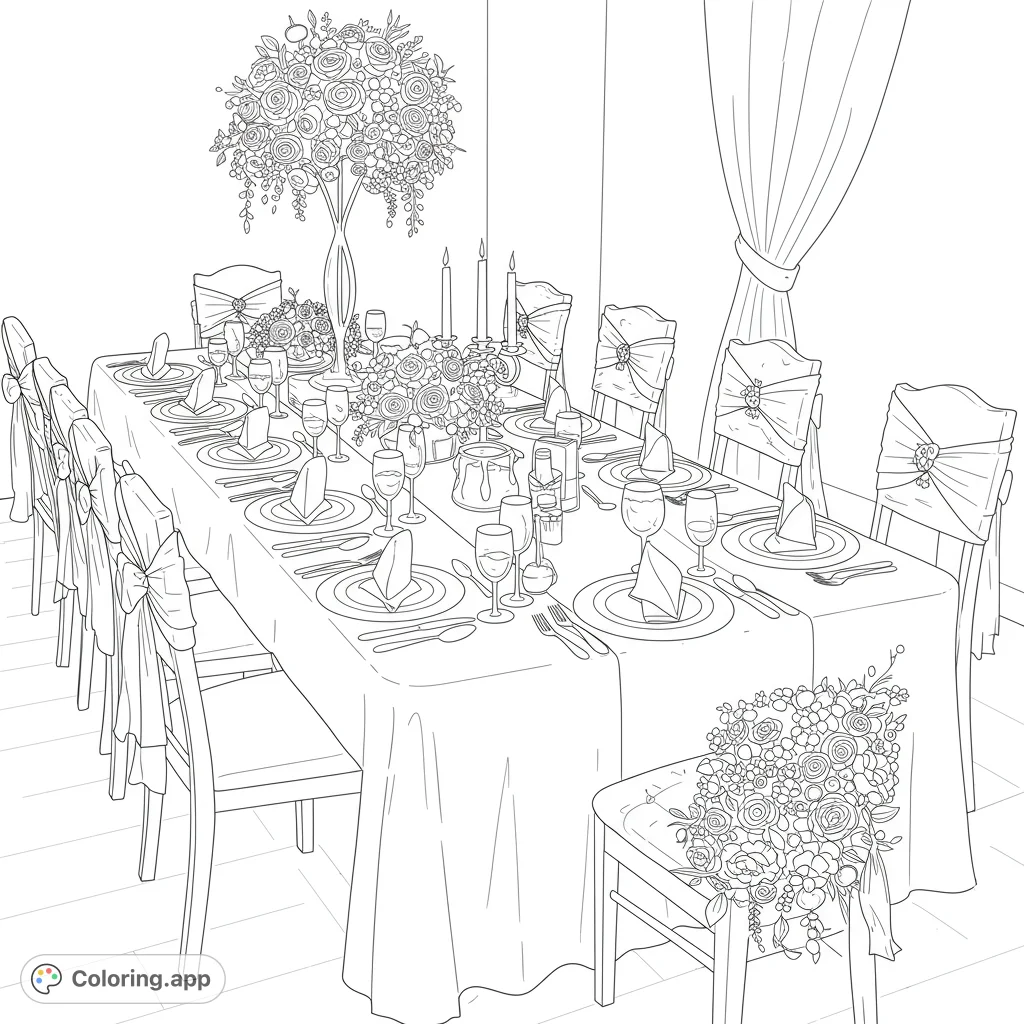 An elegant dining table set for a grand celebration, featuring intricate floral centerpieces, detailed place settings, and beautifully decorated chairs.