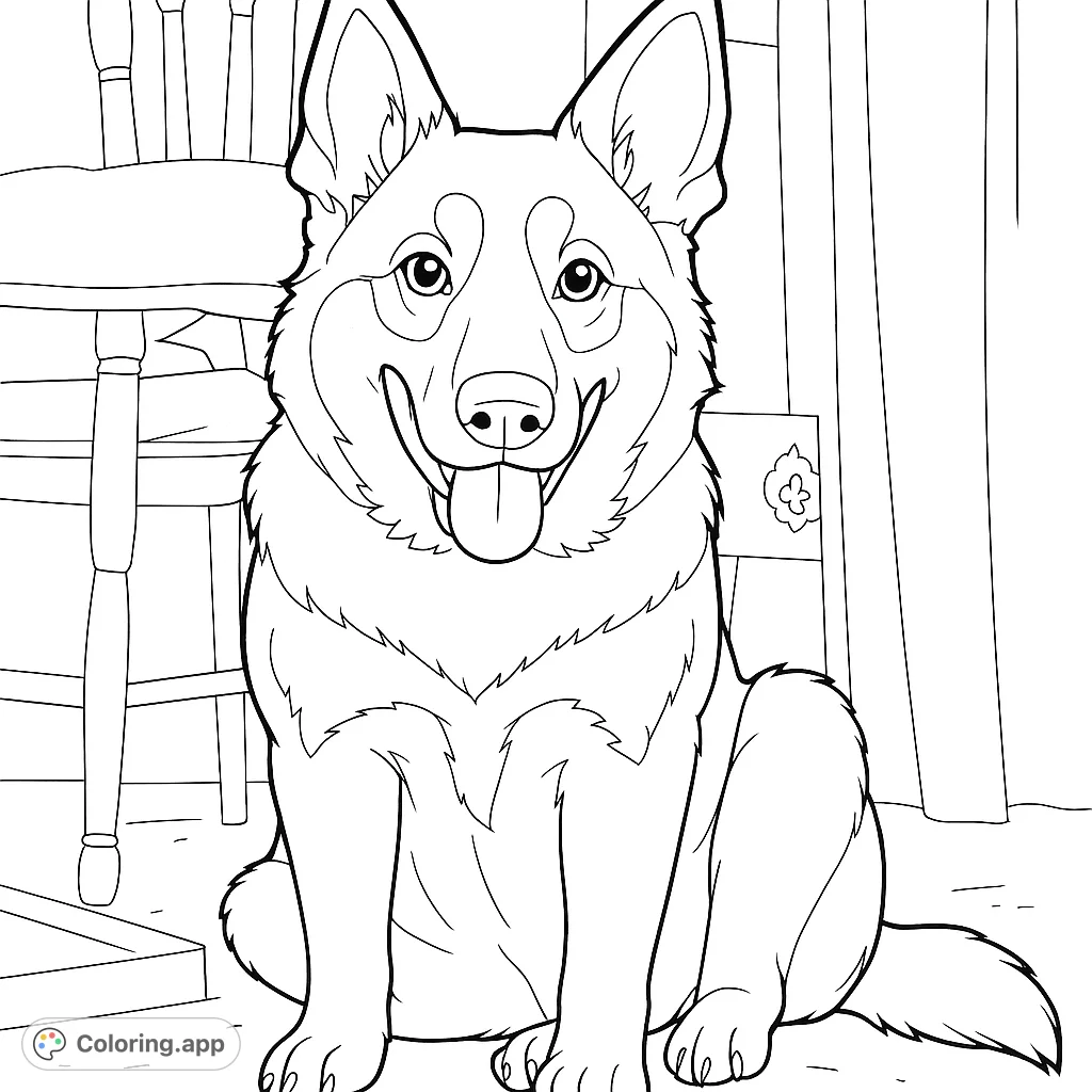 A cheerful fluffy dog sits smiling, tongue out, ready for vibrant colors. A delightful free printable dog coloring page for all ages.