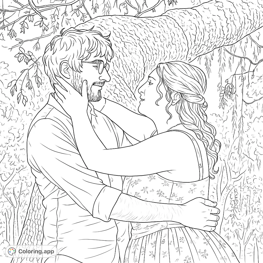 A romantic couple embraces under a leafy tree, a tender moment captured. This love-themed coloring page is a free printable for all ages.