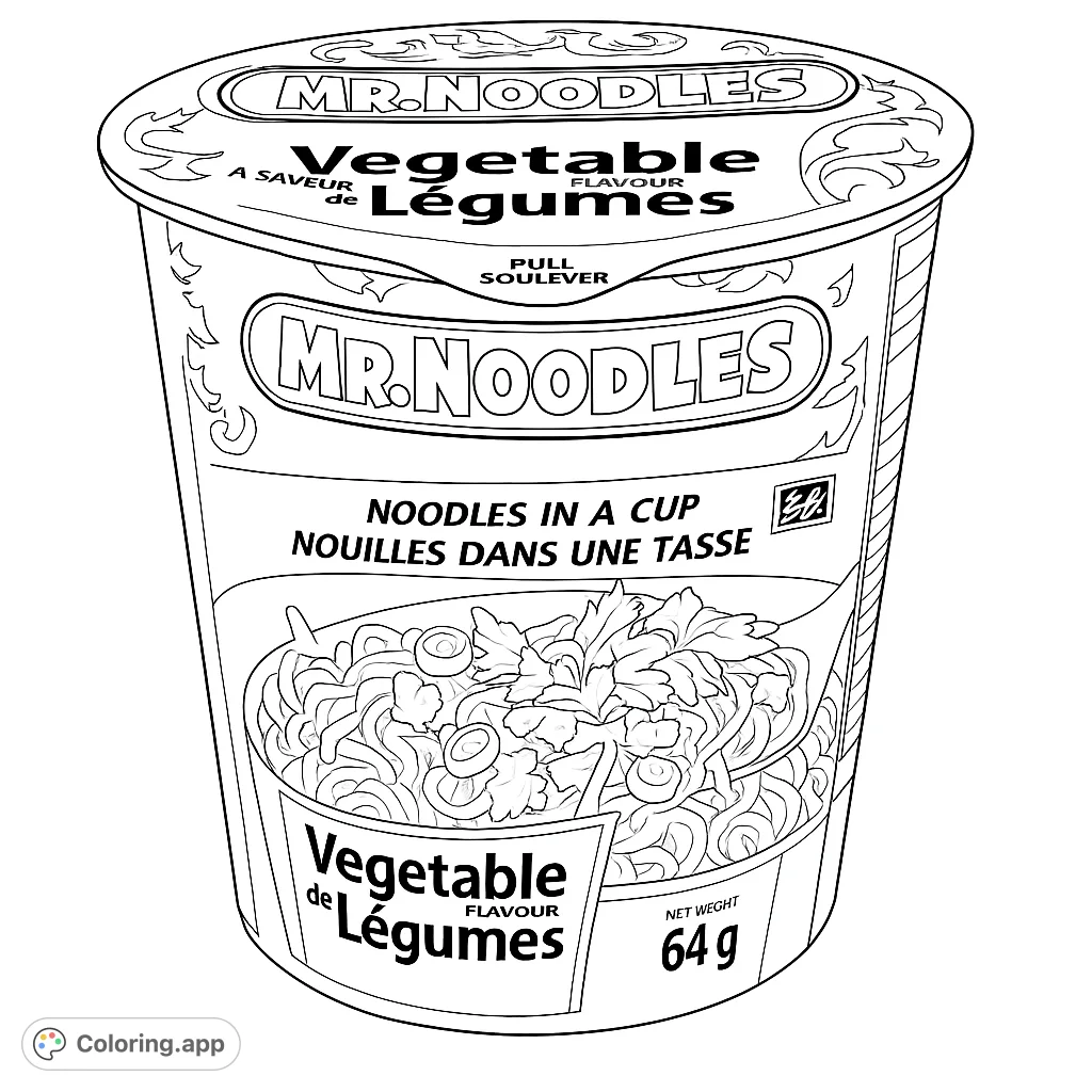 A fun instant noodle cup coloring page, perfect for foodies! Features detailed noodles and vegetables, ready for vibrant colors.