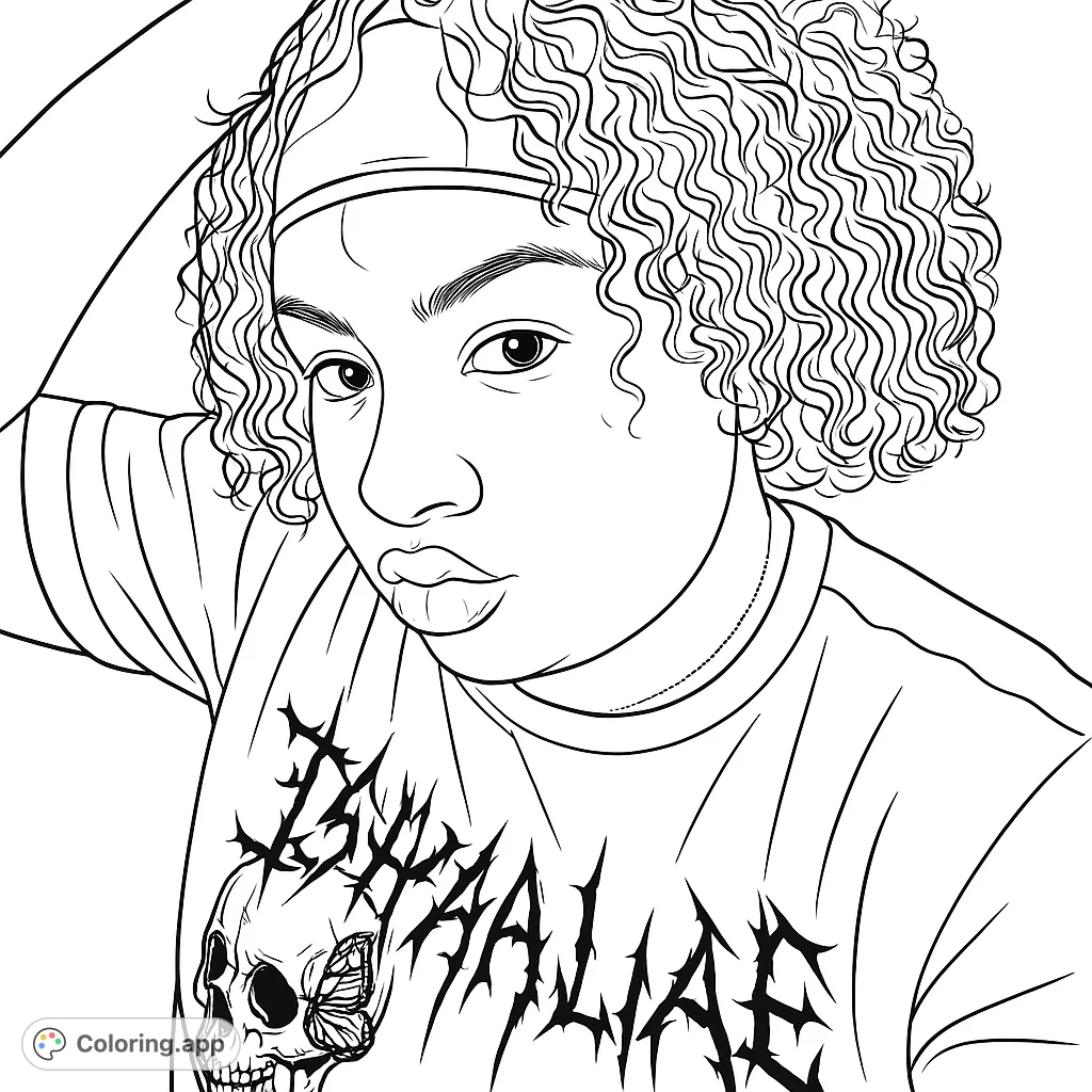 Cool youth with curly hair and a skull graphic tee, perfect for expressive coloring. A free printable coloring page for teens and adults.