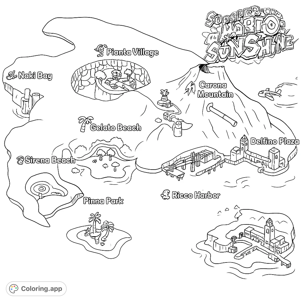 Explore the iconic Isle Delfino map, featuring Delfino Plaza, Corona Mountain, and various beaches. A fun, free printable Super Mario Sunshine coloring page.
