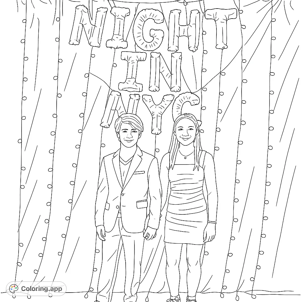 Celebrate a special NYC night with this free printable coloring page featuring a stylish couple against a festive curtain and balloon backdrop.