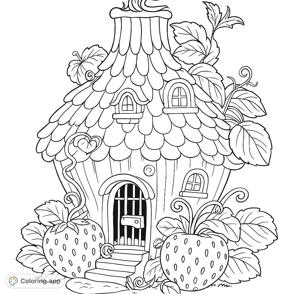 A charming strawberry house coloring page, featuring a whimsical dwelling with large strawberries, leaves, and vines. Perfect for nature and fantasy lovers.