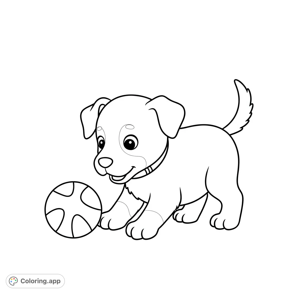 A charming puppy coloring page featuring a happy pup ready to play with its ball. Perfect for kids and dog lovers!