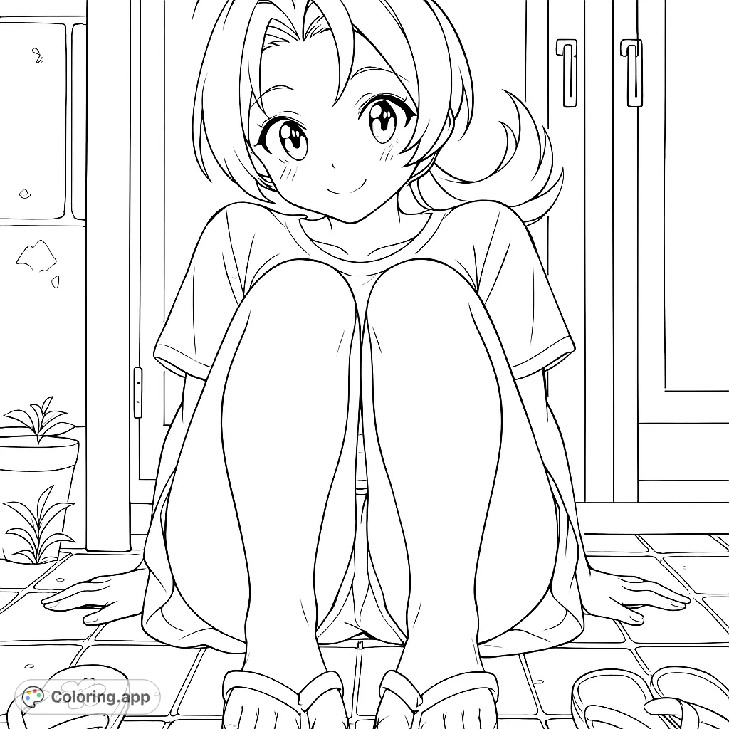 A cute anime girl in flip flops sits outside a blue door. This coloring page is perfect for anime fans and those who love summer themes.