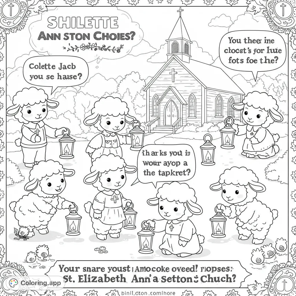 Adorable lambs with lanterns gather outside a charming church, ready for a peaceful evening. A delightful scene for all ages.