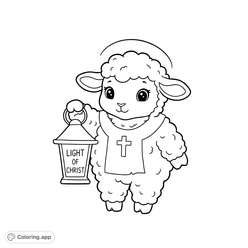 Adorable lamb with a halo and cross tunic holds a lantern, symbolizing light and hope. A charming religious coloring page for all ages.