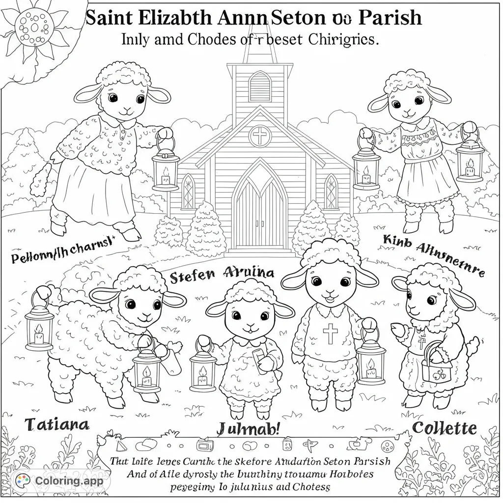 Six adorable sheep with lanterns gather around a charming church, creating a heartwarming and peaceful free printable religious coloring page for all ages.
