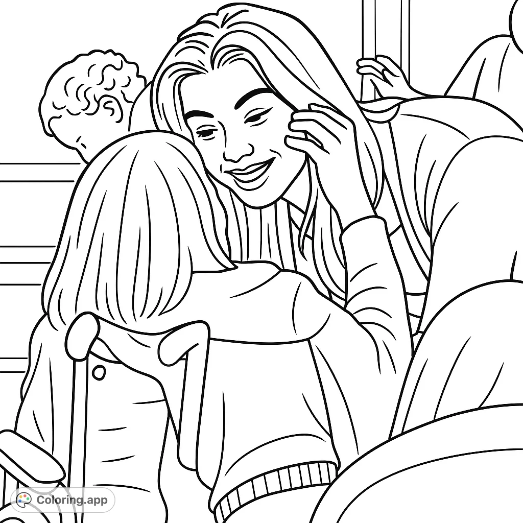 A heartwarming intergenerational connection coloring page featuring a smiling woman embracing an elderly person, with a child in the background.