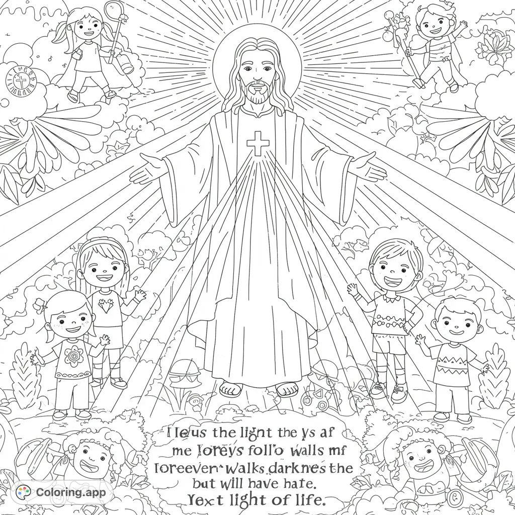 A heartwarming Jesus coloring page featuring Christ with outstretched arms, surrounded by joyful children and radiant light. A free printable religious coloring page.